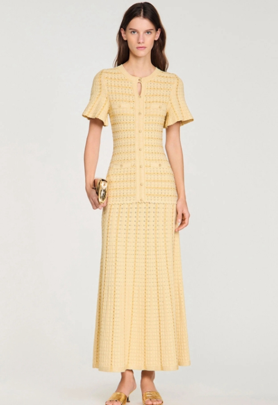 🟡Sandro Yellow Textured Knit Midi Dress Button Front Faux Pockets